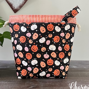 Knitting Project Bag 2 Sizes, Halloween Jack o Lanterns Black Drawstring Crochet Project Bag Sock Shawl Pouch, Gifts for Knitters Crocheters