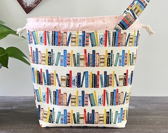 Drawstring Knitting Project Bag with Pockets, Rifle Paper Co Book Club Ivory,  Small or Large Size Yarn Organizer