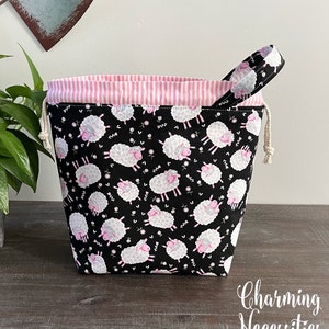 Knitting Project Bag, Sheep on Black Drawstring Tote Bag, Crochet Sewing Project Bag, Gifts for Her Cottage Core Floral Bag Sock Shawl