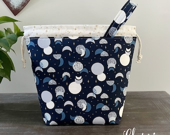 Knitting Project Bag, Moon and Stars Celestial Cosmic Drawstring Tote, Crochet Sewing Makeup Pouch, Gifts for Knitters Sock Shawl