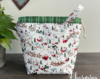 Knitting Project Bag, Santa Sleigh Reindeer Holiday Village Christmas Drawstring Tote, Crochet Sewing Pouch, Gifts for Knitters Sock