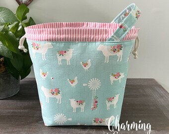 Knitting Project Bag, Floral Farm Animals Drawstring Tote Bag, Crochet Sewing Project Bag, Gifts for Her Farm Theme Project Bag