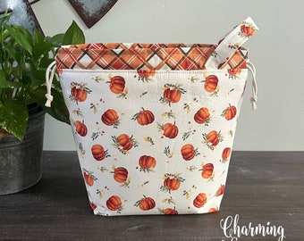 Knitting Project Bag, Fall Pumpkins on Cream Drawstring Tote Bag, Crochet Sewing Project Bag, Gifts for Her Autumn Sock Sweater Shawl