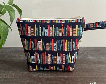 Sock Project Bag, Small Knitting Project Bag Rifle Paper Co Curio Book Club Navy Tote, Crochet Sewing Pouch, Gifts for Knitters Book Lovers