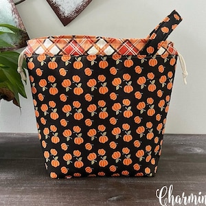 Knitting Project Bag with Pockets, Small or Large, Autumn Pumpkin Print, Drawstring Tote Crochet WIP