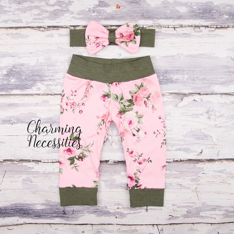 Floral Baby Leggings Pink Green Roses Baby Toddler Girl Clothes Leggings Joggers Bow Coming Home Outfit Set Clothes Fall Baby Clothes