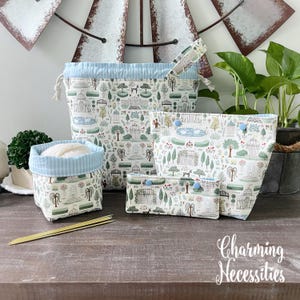 Brigerton Inspired Knitting Project Bag Collection Set, Promenade on Ivory, Large Drawstring Yarn Cozy DPN Case Gifts for Knitters Organizer