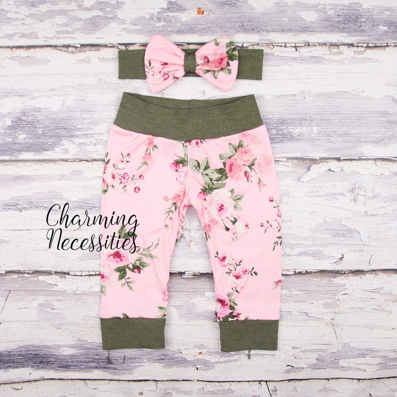 Floral Baby Leggings Pink Green Roses Baby Toddler Girl Clothes Leggings Joggers Bow Coming Home Outfit Set Clothes Fall Baby Clothes