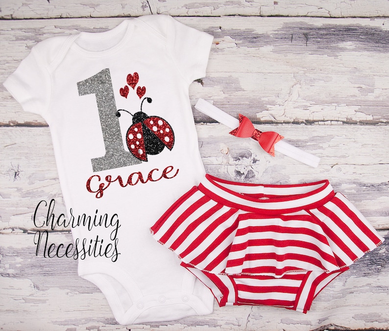 Lady Bug First Birthday Outfit Personalized Birthday Top Skirt Bloomies Baby Toddler Girl Clothes Smash Cake Outfit red black silver