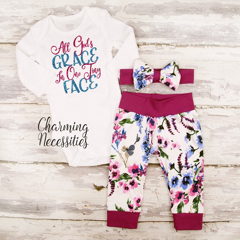 Newborn Girl Outfit Baby Girl Coming Home Outfit Toddler Clothes 3 6 9 12 18 months wine watercolor floral All God/'s Grace in One Tiny Face