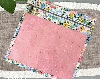 Cross Stitch Embroidery Project Bag, Rifle Paper Co Orchard Ivory, Flat Vinyl Front Zipper Bag, Gifts for Her, Storage Organization