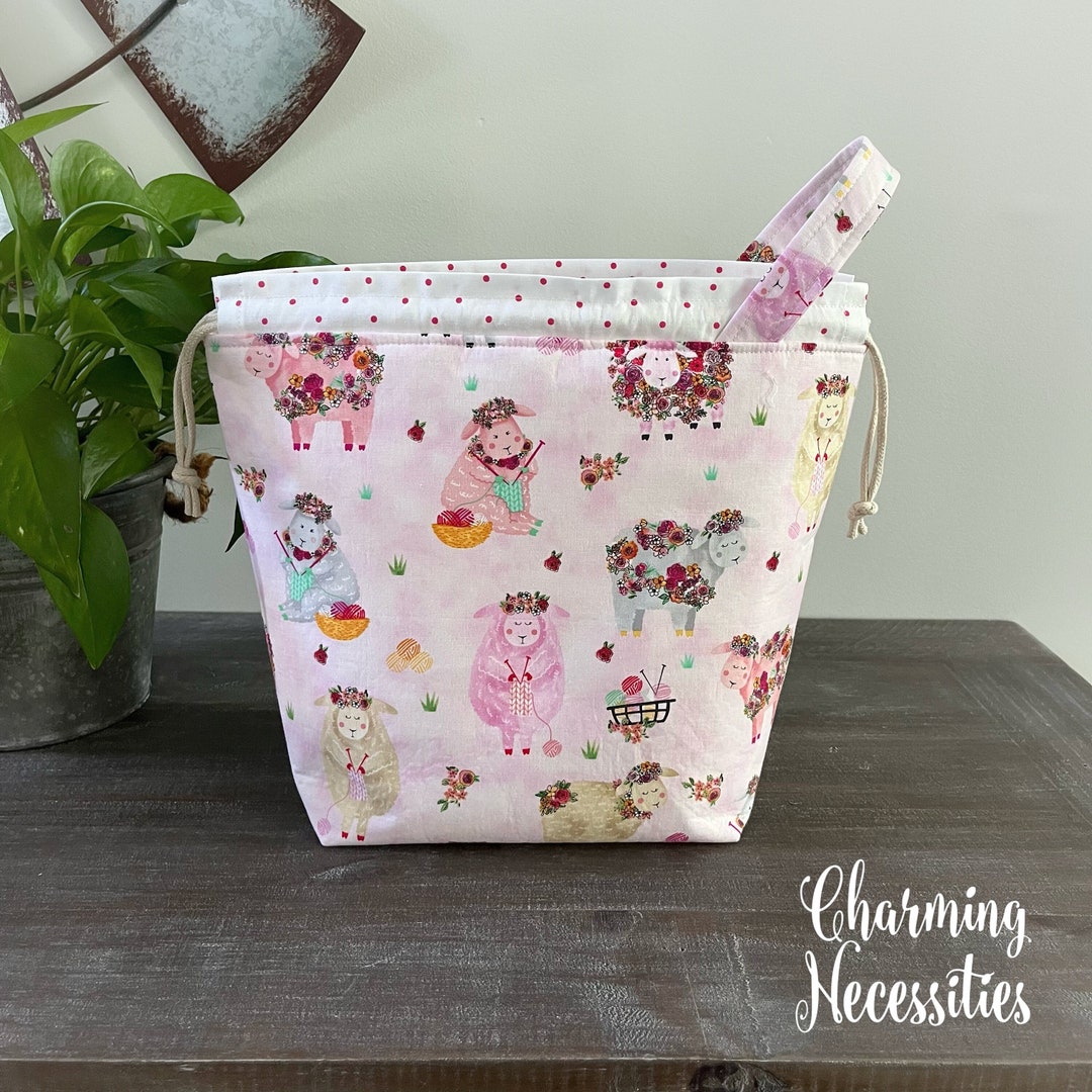 Large Knitting Project Bag Floral Sheep Drawstring Tote Bag Etsy