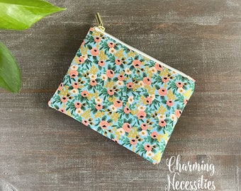 Floral Notions Zipper Pouch, Rifle Paper Co Vintage Blue and Coral, Essentials Oils Pouch, Gifts for Her Knitters Small Organization Bag