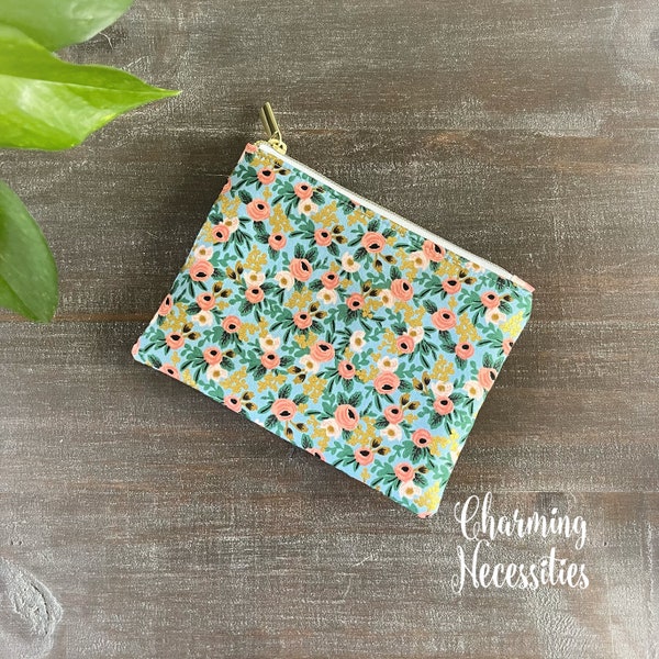 Floral Notions Zipper Pouch, Rifle Paper Co Vintage Blue and Coral, Essentials Oils Pouch, Gifts for Her Knitters Small Organization Bag