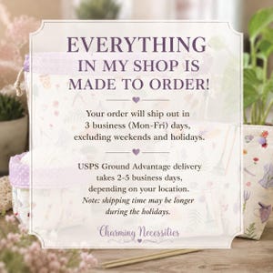 May include: A fabric storage set featuring a cream background with a garden-themed print of small tools and flowers, accented by a purple polka dot trim. The text reads: EVERYTHING IN MY SHOP IS MADE TO ORDER! and includes shipping information.