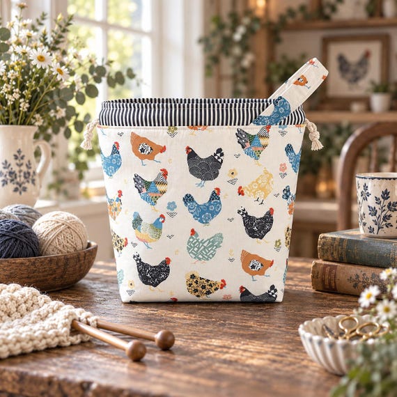 Floral Chickens Knitting Project Bag, Drawstring Crochet Pouch, Yarn Organizer
