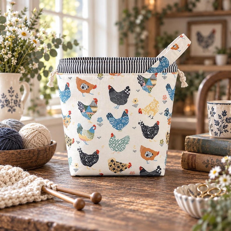 May include: A fabric storage basket featuring a repeating pattern of colorful chickens on an off-white background. The basket has a black and white striped interior lining, a drawstring closure with white cords, and a matching fabric handle.
