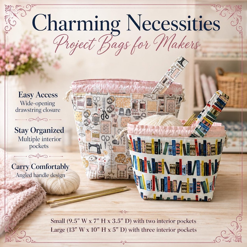 May include: Two fabric project bags with drawstring closures. The larger bag features a sewing-themed print, while the smaller bag displays a colorful bookshelf pattern. Text includes 'Charming Necessities', 'Project Bags for Makers', and dimensions.