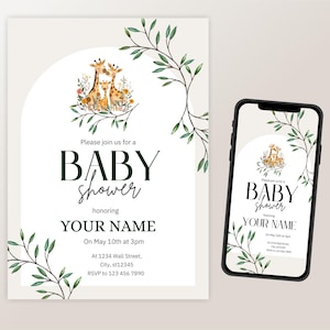 Bearbeitbare Giraffen-Babypartyeinladung, bearbeitbare Dschungeltiervorlage, Babyparty einladen, sofortiger digitaler Download, Canva-Vorlage BHS2