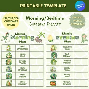 Dinosaur Morning & Evening Routine Chart - Kids Editable Printable Routine - Toddler Chore Chart with Pictures-Editable Kids Routine Chart