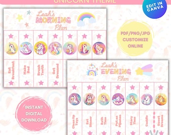 Unicorn Morning & Evening Routine Flip Chart - Kids Editable Printable Routine - Toddler Chore Chart with Pictures-Editable Kids Chart