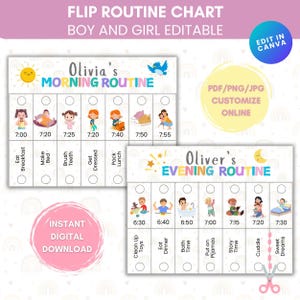May include: A printable routine chart for children with a colorful design. The chart is divided into two sections: morning and evening. Each section has a list of activities with corresponding times and checkboxes. The chart is customizable with names and activities.