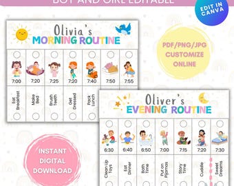 Morning & Evening Routine Flip Chart - Kids Editable Printable Routine - Toddler Chore Chart with Pictures-Editable Kids Chart