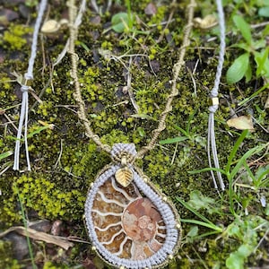 Ammonite Fossil Macrame Necklace – Primitive Boho Jewelry with Brass & Copper Leaf, Natural Stone Pendant