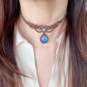 Handmade Macrame Choker with Blue Labradorite & Moonstone | Boho Lace Necklace | Vintage Style Jewelry