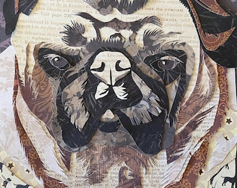 Peut inclure: Un gros plan d'un chien pug en papier découpé avec du papier brun, noir et blanc. Le visage du chien est au centre de l'image, avec ses yeux, son nez et sa bouche clairement visibles. L'arrière-plan est un papier à motifs brun et blanc avec des étoiles.
