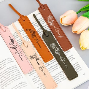Personalized Leather Bookmark With Birth Flower, Custom Name PU Leather Bookmarks, Birthday Gift for Women Book Lovers, Wedding Gift for Her