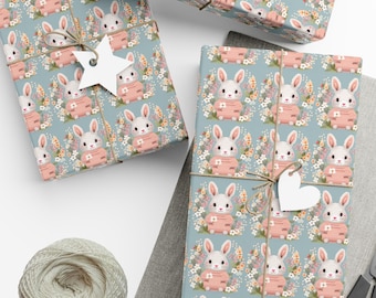 Pastel Pink Easter Bunny Wrapping Paper, White Rabbit Gift Wrap, Cute Easter Basket Gift for Little Girl, Spring Baby Shower Gift Wrap