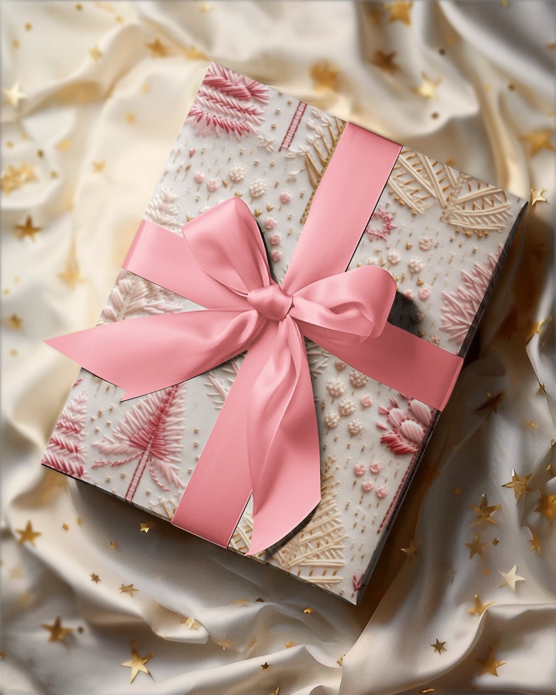 Embroidery Pink Christmas Tree Wrapping Paper, Unique Holiday Gift Wrap for Her, Luxury Elegant