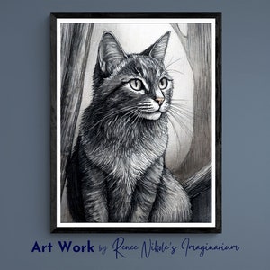 Cat Portrait Drawing, Digital Download, Black and White Vintage Sketch, with dark tones.