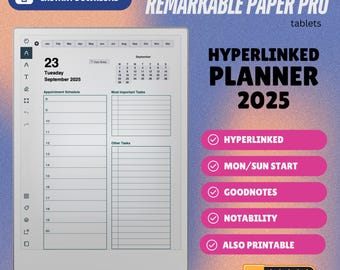 Puede incluir: Planificador digital para tabletas Remarkable Paper Pro. La imagen muestra un planificador digital para 2025 con un diseño de calendario, programación de citas y listas de tareas. El planificador es hipervinculado y compatible con GoodNotes y Notability.