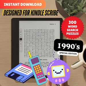 May include: A digital book reader with a word search puzzle on the screen. The puzzle is titled "1990's Special Edition" and features 300 word search puzzles. The image also includes a floppy disk, a cell phone, and a robot with a smiley face.