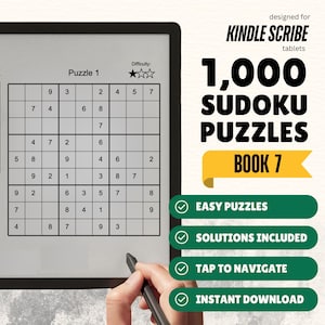 Peut inclure: Une tablette numérique affichant un puzzle Sudoku, avec le texte "1 000 Sudoku Puzzles Livre 7" et des fonctionnalités telles que "Easy Puzzles" et "Instant Download". La tablette est conçue pour les tablettes Kindle Scribe.