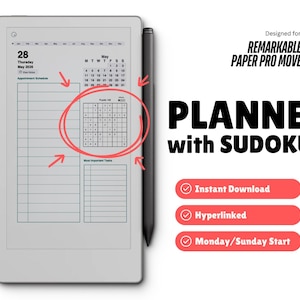 May include: A digital planner with a calendar, appointment schedule, and Sudoku puzzle, designed for the Remarkable Paper Pro Move. The planner is displayed on a tablet with a stylus. Text includes "Instant Download", "Hyperlinked", and "Monday/Sunday Start".