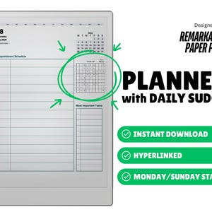 Può includere: Un planner digitale con Sudoku giornaliero, progettato per Remarkable Paper Pro. Lo schermo bianco mostra un calendario, un programma appuntamenti e un elenco attività. I segni di spunta verdi indicano download immediato, collegamenti ipertestuali e inizio lunedì/domenica.