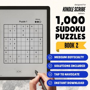 Peut inclure: Une tablette Kindle Scribe affiche un puzzle Sudoku du livre 2 de 1 000 puzzles. L'écran montre un puzzle partiellement complété avec le texte "Puzzle 1" et "Difficulté". L'image comprend également le texte "Difficulté moyenne", "Solutions incluses", "Appuyez pour naviguer" et "Téléchargement instantané".