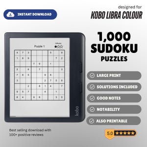 Puede incluir: Un lector electrónico Kobo Libra Colour negro que muestra un rompecabezas de Sudoku en su pantalla. El texto a la derecha dice: Designed for Kobo Libra Colour, 1,000 Sudoku Puzzles, Large Print, Solutions Included, Good Notes, Notability, Also Printable.