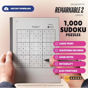 May include: A digital tablet displaying a Sudoku puzzle, with the text "1,000 Sudoku Puzzles." The tablet is held by a person's hand, and the image includes the words "Instant Download" and "Also Printable."
