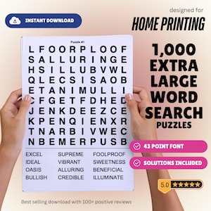 May include: A white word search puzzle with the text "Puzzle #1" and a list of words. The image also includes the text "1,000 EXTRA LARGE WORD SEARCH PUZZLES" and "43 POINT FONT". The words are in black.
