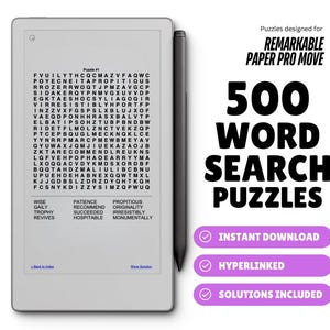May include: A digital tablet displays a word search puzzle with a stylus resting on the side. The text "500 WORD SEARCH PUZZLES" is displayed in large, bold letters. The image also includes the text "INSTANT DOWNLOAD", "HYPERLINKED", and "SOLUTIONS INCLUDED".