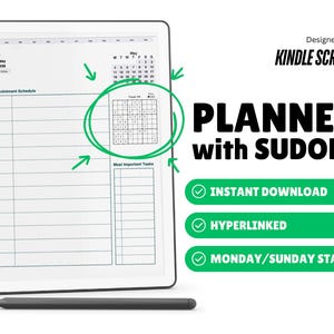 Puede incluir: Un planificador digital para Kindle Scribe, con fondo blanco. El planificador incluye un calendario, un horario y un rompecabezas Sudoku. El texto de la imagen dice "PLANNER with SUDOKU", "INSTANT DOWNLOAD", "HYPERLINKED" y "MONDAY/SUNDAY START".