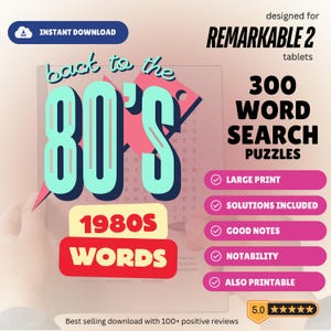 300 Word Search Puzzles for the Remarkable 2 tablet - 1980s Special Edition