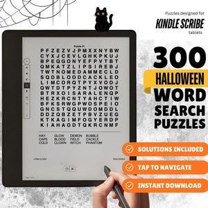 May include: A Kindle Scribe tablet displays a Halloween word search puzzle. The screen shows a grid of letters with a list of words to find. A black cat figurine sits atop the tablet. The image also includes the text "300 Halloween Word Search Puzzles."