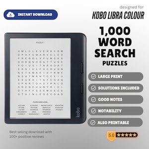 Puede incluir: Un lector electrónico Kobo Libra Colour que muestra un rompecabezas de búsqueda de palabras. La pantalla muestra una cuadrícula de letras y una lista de palabras para encontrar. La imagen también anuncia 1.000 rompecabezas de búsqueda de palabras.