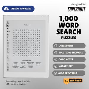 May include: A digital word search puzzle on a Supernote device. The image shows a word search grid with the text "Puzzle 1" and a list of words to find. The device also displays the text "1,000 Word Search Puzzles".
