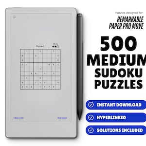 May include: A digital tablet displaying a Sudoku puzzle, with a stylus pen resting alongside. The screen shows a partially completed puzzle labeled "Puzzle 1." Text reads "500 Medium Sudoku Puzzles" with download and solution information.